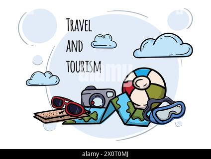 Reisen und Tourismus. Helle, bearbeitbare Vektor-Illustration mit Elementen für Freizeit und Unterhaltung. Stock Vektor