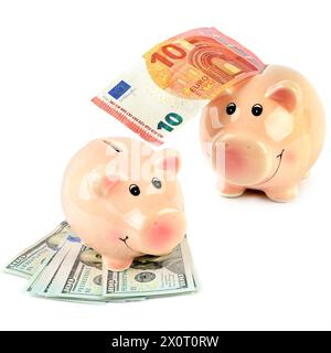 Schweinebänke mit US-Dollar und Euro-Banknoten isoliert auf weißem Hintergrund. Collage. Stockfoto