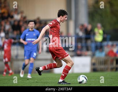 Denderleeuw, Belgien. April 2024. Essevees Andres Labie kämpft um den Ball während eines Fußballspiels zwischen Dender EH und SV Zulte Waregem am Samstag, den 13. April 2024 in Denderleeuw, am 29/30. Tag der zweiten Liga der Challenger Pro League 2023-2024 der belgischen Meisterschaft. BELGA FOTO JOHN THYS Credit: Belga News Agency/Alamy Live News Stockfoto