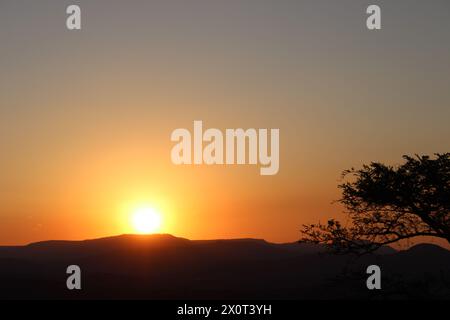 Wunderschöner afrikanischer Sonnenuntergang im Lowveld Mpumalanga. Goldene Farbtöne und afrikanischer Himmel: Erkunden Sie den Zauber des Sonnenuntergangs im Herzen Afrikas Stockfoto