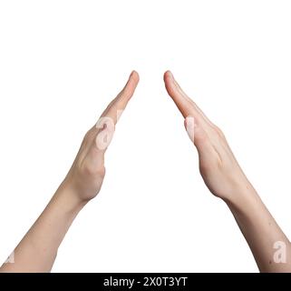 Zwei Hände zeigen das Hausdach, Gesten, isoliert auf weißem Hintergrund. Stockfoto