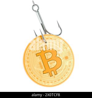 Bitcoin am Haken. Phishing-Konzept. 3D-Rendering isoliert auf weißem Hintergrund Stockfoto