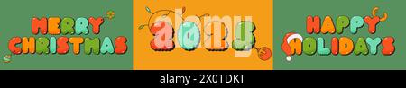 Frohe Weihnachten groovige lustige Etiketten 2025 in gelben und grünen Farben. Stock Vektor