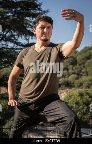 Vertikales Porträt aus einem niedrigen Winkel eines Kaukasiers mittleren Alters, der allein in der Kampfkunst trainiert. Tai Chi Chuan im Freien. Stockfoto