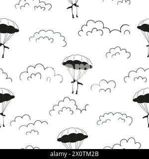 Fliegender Pinguin mit nahtlosem Fallschirmmuster. Vektor-Schwarzweiß-Hintergrund. Textil, Stoffdruck Stock Vektor