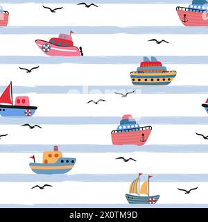 Süßes Marinemuster mit Cartoon-Booten. Nahtloser Vektordruck mit süßen Schiffen und Möwen Stock Vektor