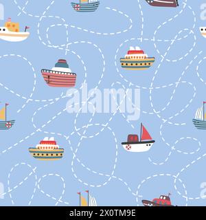 Süßes Marinemuster mit Cartoon-Schiffen. Nahtloser Vektor-Meeresdruck mit niedlichen Booten Stock Vektor