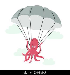 Niedlicher Krake, der mit dem Fallschirm fliegt. Vektor-Illustration für Kinder Stock Vektor