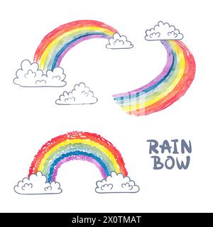 Set mit Regenbogen in Zeichentrick. Wasserfarben-Regenbogen und Wolken isoliert auf weißem Hintergrund. Bunte Vektorillustration Stock Vektor