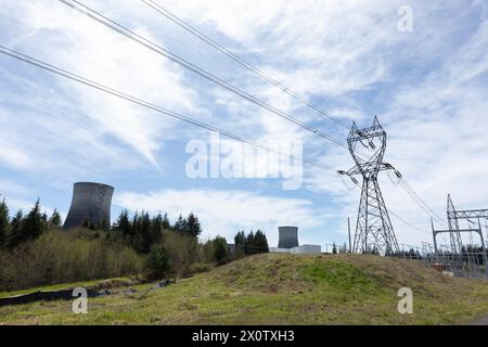 Die Kühltürme des stillgelegten Kernkraftwerks Satsop ragen am Samstag, den 13. April 20 über dem Satsop Development Park in Elma Washington Stockfoto