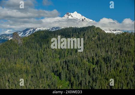 Oregons Mt. Jefferson aus Sicht vom Triangulation Peak (im Vordergrund), mit Sentinel Spire auf der linken Seite. Stockfoto