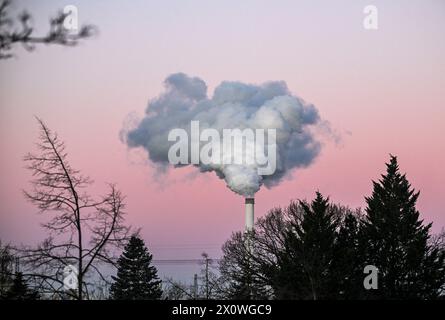 Berlin, Deutschland. Januar 2024. Morgens steigt Dampf aus einem Kamin im Blockheizkraftwerk Klingenberg im Berliner Stadtteil Rummelsburg in den Himmel. Bis Mai 2017 verbrannte das Werk hauptsächlich Braunkohle aus dem Lausitzer Braunkohlebergbaugebiet. Im Mai 2017 wurde sie auf Erdgasfeuerung umgestellt. Das Kraftwerk ist ein wichtiger Fernwärmelieferant für den östlichen Teil Berlins. Sie gehört dem schwedischen Energiekonzern Vattenfall und wird von Vattenfall Europe Wärme, einer Tochtergesellschaft des deutschen Teilkonzerns, betrieben. Quelle: Jens Kalaene/dpa/Alamy Live News Stockfoto