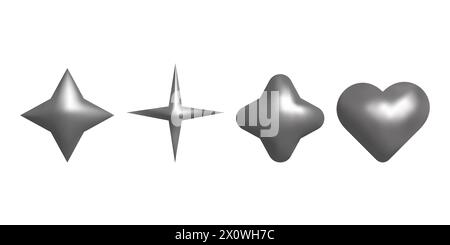 3D-Formen im Y2K-Stil Metallelement. Herz und Sterne. Set für Bannerposter Design Webdesign. Vektorabbildung. Stock Vektor