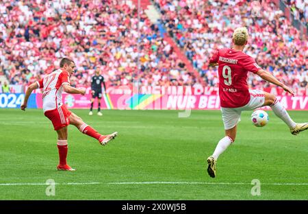 Raphael Guerreiro, FCB 22 Punkte, schießt Tor, Tor, Treffer, Torschuss, 1-0 im Spiel FC BAYERN MÜNCHEN - 1.FC Köln 2-0 am 13. April 2024 in München. Saison 2023/2024, 1.Bundesliga, FCB, München, Spieltag 29, 29.Spieltag-Fotograf: ddp-Bilder / STAR-Bilder - DFL-VORSCHRIFTEN VERBIETEN JEDE VERWENDUNG VON FOTOGRAFIEN als BILDSEQUENZEN und/oder QUASI-VIDEO - Stockfoto