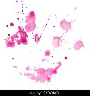 Abstrakte Illustration von Flecken, Strichen und Pinselspritzern in heißrosa Farbe, isoliert. Geeignet für Aquarellhintergründe und Stockfoto