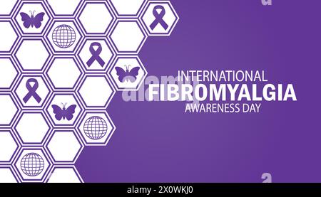 Hintergrund des internationalen Fibromyalgia Awareness Day mit Formen und Typografie, Banner, Karte, Poster, Vorlage. Stock Vektor