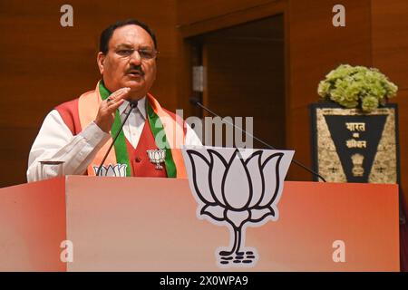 Neu-Delhi, Delhi, Indien. April 2024. Der Präsident der Bharatiya Janata Party (BJP), J.P. Nadda, spricht während der Veröffentlichung des Parteiprogramms für die bevorstehenden indischen Parlamentswahlen am 14. April 2024 im Parteihauptsitz in Neu-Delhi, Indien. (Kreditbild: © Kabir Jhangiani/ZUMA Press Wire) NUR REDAKTIONELLE VERWENDUNG! Nicht für kommerzielle ZWECKE! Stockfoto