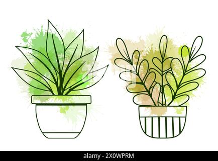 Vektorsatz der Kontur verschiedene Pflanzen in Töpfen Clip Arts mit grünen Aquarellspritzern. Sammlung von Umrissblumen in Vasen zur Hausdekoration. Stock Vektor