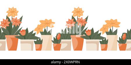 Vektor nahtlose Grenze mit Blumen und Blättern in verschiedenen Töpfen isoliert vom Hintergrund. Hobbygarten. Horizontaler Frieze mit flacher Illustration Stock Vektor