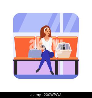 Frau, die auf Sitz mit Katzenträger und Tasche in Stationsflur-Vektor-Illustration sitzt Stock Vektor
