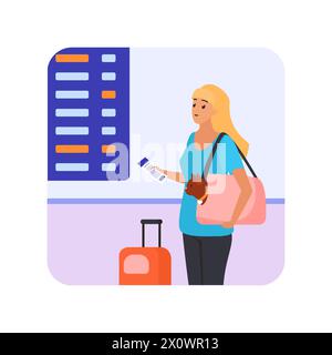 Frau, die Katzenträger und Flugticket hält, die an der Ankunft Flughafen Board Vektorillustration stehen Stock Vektor