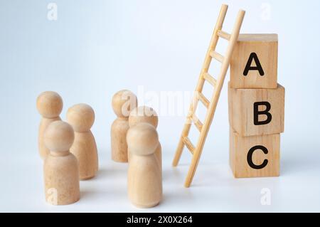 ABC-Text auf Holzwürfeln mit Leiter und Puppenfiguren auf weißem Hintergrund. Wissenskonzept. Stockfoto