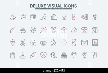 Hunde- und Katzenpflege, Tierklinik-Symbole gesetzt. Tierfutter und -Träger, Spielzeug und Halsband des Tieres, Aquarium für Fisch und Vogelhaus, Pflege dünne schwarze und rote Umrisssymbole, Vektorillustration Stock Vektor