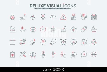 Symbole für Energie-, Strom- und Stromerzeugungslinien gesetzt. Symbole der Industrie liefern, um die Natur zu pflegen und zu retten, alternative nachhaltige Ressourcen dünne schwarze und rote Umrissvektorillustration Stock Vektor