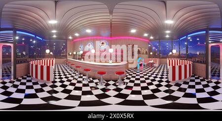 HDRI. Interieur im Retro-Stil in Neon. Vollständiges sphärisches Panorama 360 Grad. 3D-Rendering-Abbildung. Stockfoto