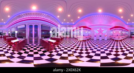 HDRI. Interieur im Retro-Stil in Neon. Vollständiges sphärisches Panorama 360 Grad. 3D-Rendering-Abbildung. Stockfoto