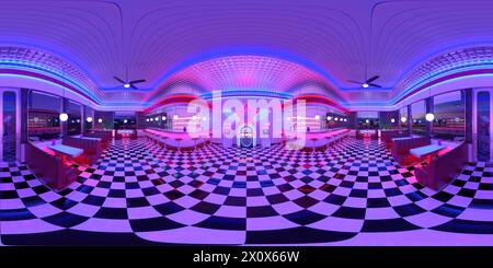 HDRI. Interieur im Retro-Stil in Neon. Vollständiges sphärisches Panorama 360 Grad. 3D-Rendering-Abbildung. Stockfoto