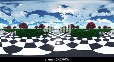 HDRI. Labyrinth-Garten. Schach, Bäume, rote Blumen, Wolken am Himmel. Alice im Wunderland-Thema. Vollständiges sphärisches Panorama 360 Grad. 3D-Rendering-Illustration Stockfoto