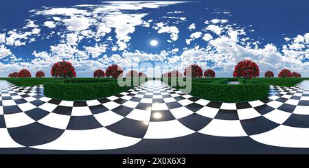 HDRI. Labyrinth-Garten. Schach, Bäume, rote Blumen, Wolken am Himmel. Alice im Wunderland-Thema. Vollständiges sphärisches Panorama 360 Grad. 3D-Rendering-Illustration Stockfoto