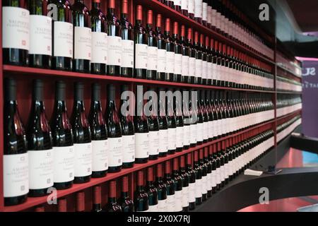 Verona, Italien. April 2024. Flaschen italienischen Rotweins Valpolicella, ausgestellt auf der 56. Ausgabe der Vinitaly, Internationale Ausstellung von Wein und Spirituosen in Verona am 14. April 2024 in Verona. Italien Credit: Roberto Tommasini/Alamy Live News Stockfoto