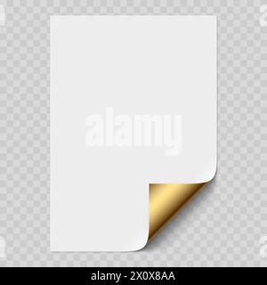 Vektorweißes realistisches Papierseitenmodell mit goldener Ecke gewellt. Gefaltetes Papierblatt mit weichen, transparenten Schatten auf hellem Hintergrund. A4-Seitenmotiv Stock Vektor