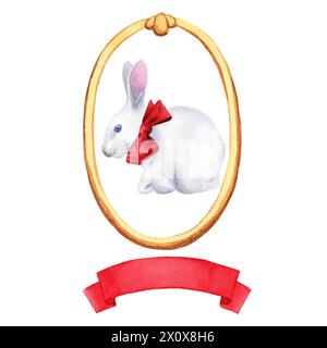 Aquarellrahmen mit Kaninchen und rotem Band für Text. Handgezeichnete Aquarellillustration isoliert auf weißem Hintergrund. Stockfoto