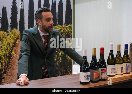 Verona, Italien. April 2024. Ein Aussteller beschreibt seine Weine auf der 56. Ausgabe der Vinitaly, der internationalen Ausstellung für Wein und Spirituosen, auf der Messe Verona in Verona, Italien, am 14. April 2024. (Foto: Roberto Tommasini/NurPhoto) Credit: NurPhoto SRL/Alamy Live News Stockfoto