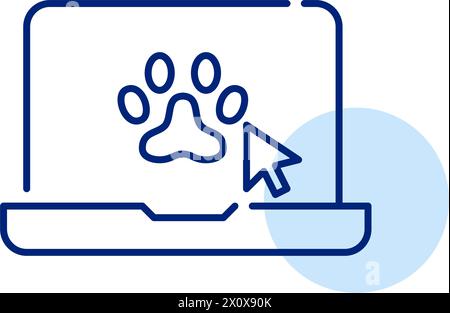 Symbol mit Laptop, Pfote und Mausklick, das einen einfachen Online-Zugriff auf Tierarztdienste bedeutet. Pixel Perfect Vektor-Symbol Stock Vektor