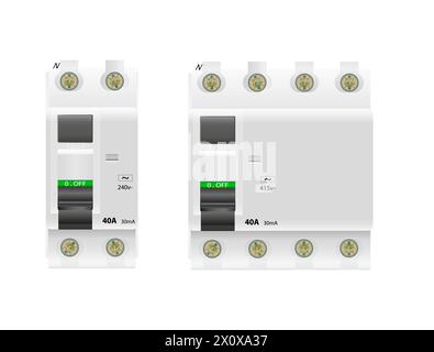 Vektordarstellung eines zweipoligen und vierpoligen Fehlerstromschutzschalters Stock Vektor