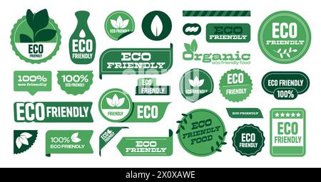 Umweltfreundliches Logo. Umweltzeichen für grünes Blatt, natürliches Bio-Konzept, Energieeinsparung und Recycling, Bio-Produktmarke. Vektor-isolierter Satz. Verpackungsabzeichen in verschiedenen Formen für den Einzelhandel Stock Vektor