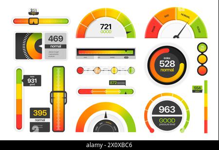 Messskala für Messgeräte. Balkendiagramm Tachometer mit Drehzahlmesser, Fortschrittsbalken und Indikatoren für Punktestand. Vektor-Infografik-Elemente Stock Vektor