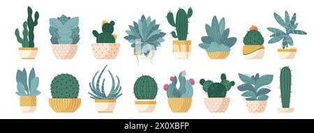 Sukkulent im Blumentopf. Karikaturkaktus in Töpfen mit Blumen, grüne Wüstenpflanzen in Vintage-Behältern für Wohnkultur. Vektor-isolierter Satz Stock Vektor
