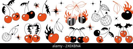 Kirschset y2k 90er Jahre. Kirsche mit brennender Flamme, Disco Spiegelkugel Symbol für Karte, Aufkleber, Druckdesign. Tattoo im Stil der 2000er Jahre. Schwarz und rot Stock Vektor