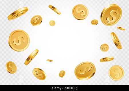 Realistische Goldmünzen. Goldene Münzen Explosion Hintergrund, Casino Jackpot Bargeld Konzept, glänzende 3D Gold Schatzvektor Hintergrund Illustration. Wertvoller Preis im Casino, Glück zu haben. Glänzendes Geld Regen Stock Vektor