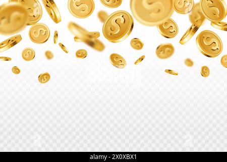 Goldener Münzregen. Realistische fliegende Goldmünzen, Millionen-Dollar-Lotteriegewinn. Schätze und Gewinne, Sparen und Gewinnen Jackpot Casino 3D Vektor Hintergrund. Glücks- oder Glückskonzept Stock Vektor