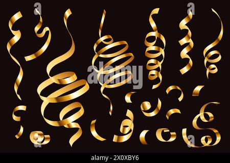 Goldenes Konfetti. Goldenes Band 3D realistische Serpentine, festliche Jubiläums- und weihnachtsdekoration, helles festliches Lametta der Goldfarbe Vektor isoliert Set. Funkelndes Dekor für Feiertage Stock Vektor
