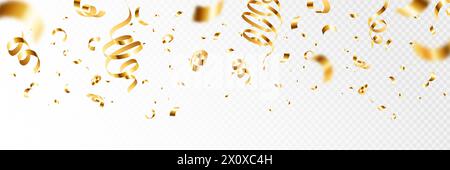 Fallendes goldenes Konfetti. Feiert Karneval fallendes glänzendes Gold-Konfetti, helles festliches Lametta. Vektorabbildung isoliert auf transparentem Hintergrund. Glänzende Bänder für Partys Stock Vektor