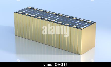 prismatische Zellen, rechteckige Lithium-Ionen-Phosphat-LFP-Batterien für moderne Elektrofahrzeuge und Energiespeicher, 3D-Rendering Stockfoto