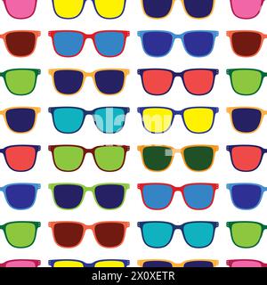 Bunte Sommer-Sonnenbrille auf weißem Hintergrund, nahtloses Vektormuster. Stock Vektor