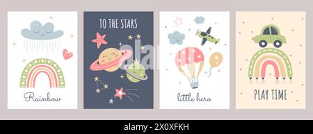 Boho Baby Poster im skandinavischen Stil. Babyschablonen mit niedlichen Planeten, Regenbogen, Wolke, Spielzeugauto und Ballon. Böhmische Einrichtung für Kinderzimmer. Drucken Sie Wandbilder mit Zitaten aus handschriftlicher Schrift. Stock Vektor